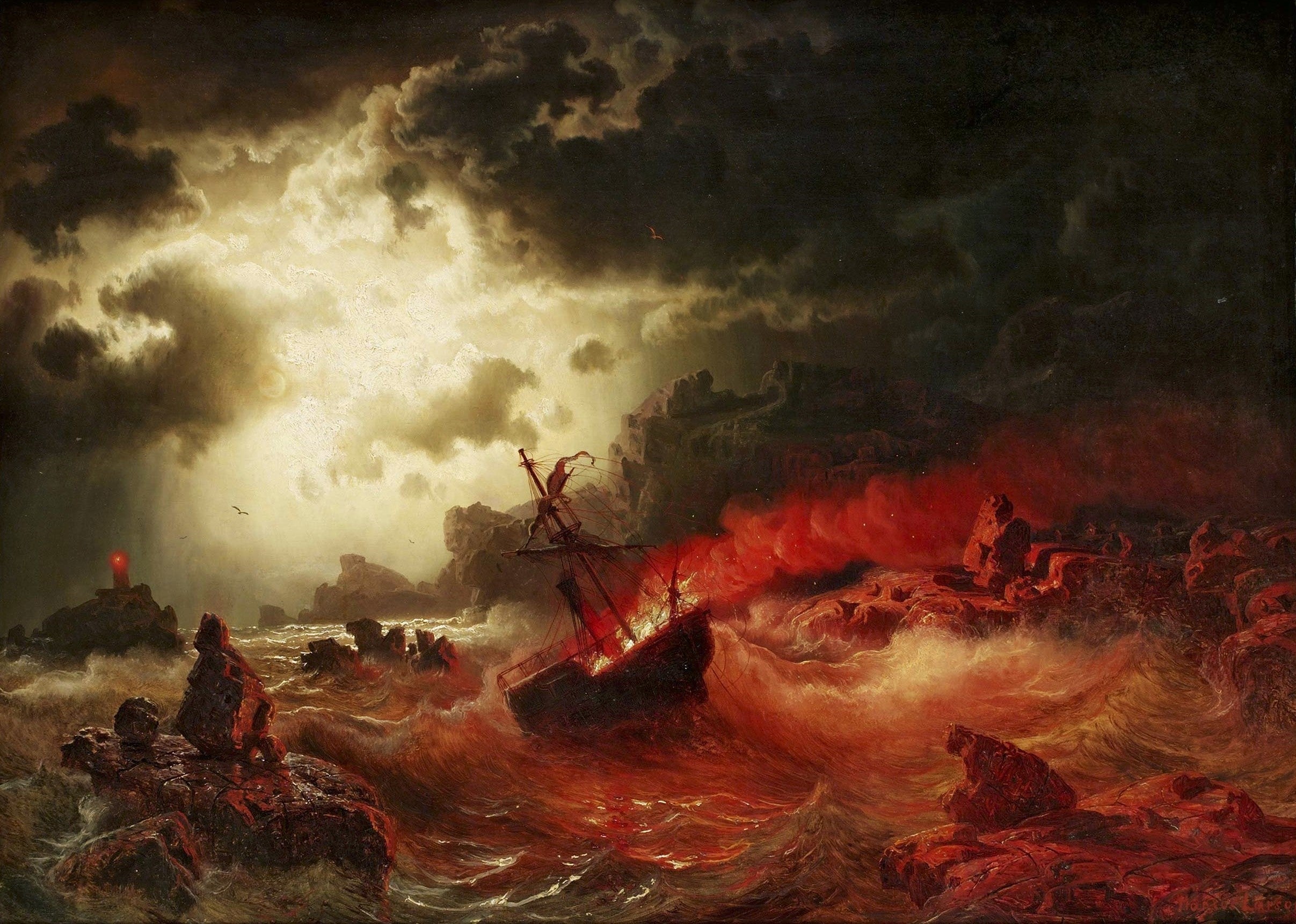 マー　絵画③ Ocean at Night with Burning Ship by Marcus Larson | Buy Fine Art