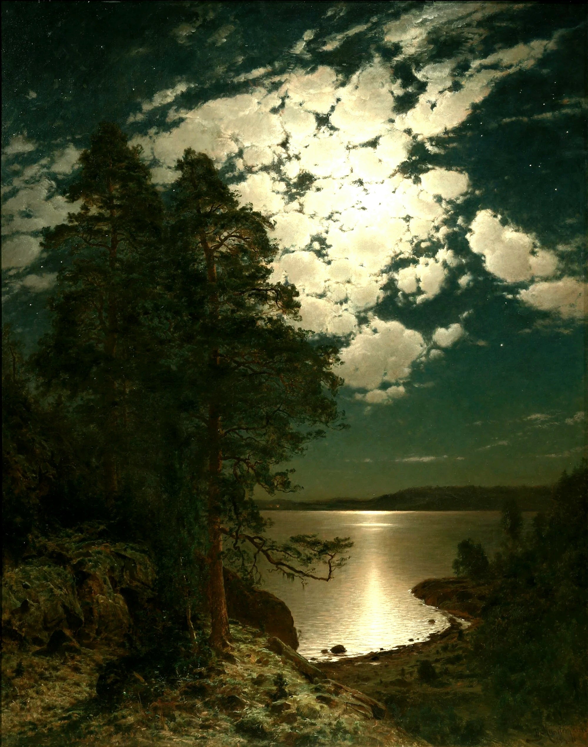 絵画(moonlight ) Moonlit Night | Hjalmar Munsterhjelm | 1883 – Dark Gloomy Art