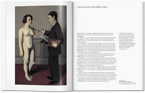 Interior spread with a pale female figure beside a dark-clothed man — Surrealism.