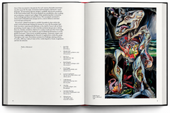Interior spread featuring an intricate, vertically arranged surreal painting — Surrealism: First and Always.