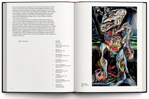 Interior spread featuring an intricate, vertically arranged surreal painting — Surrealism: First and Always.
