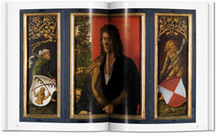 Double-page reproduction of a painted altarpiece with a central portrait — Dürer.