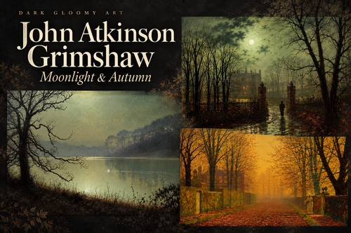 John Atkinson Grimshaw editorial collage featuring Lakeside at Moonlight, Evening Glow and At The Park Gate.
