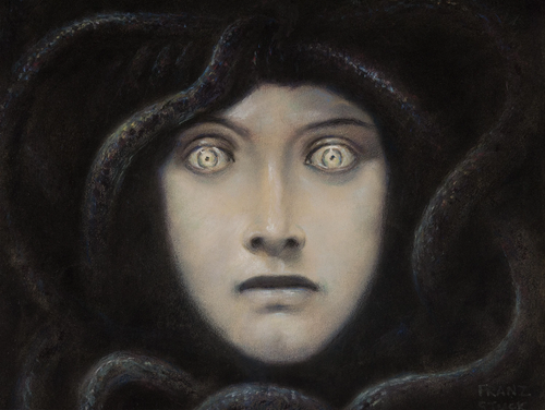 The Head of Medusa by Franz von Stuck, 1892: a pale face surrounded by dark serpents