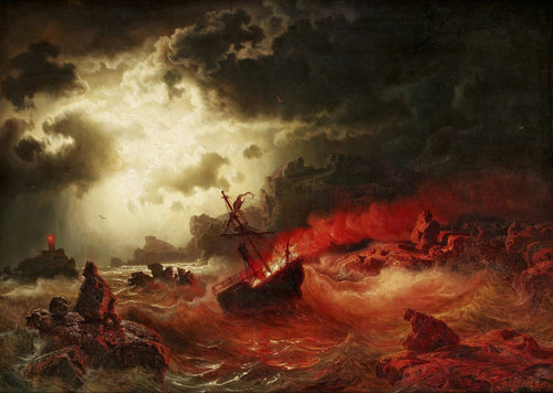 Ocean at Night with Burning Ship | Marcus Larson | 19th Century