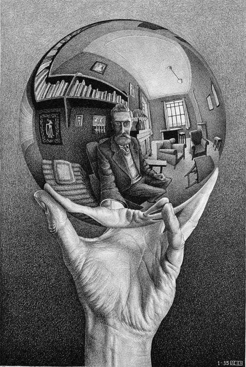 Hand with Reflecting Sphere by M. C. Escher — high-detail scan with subtle sharpening