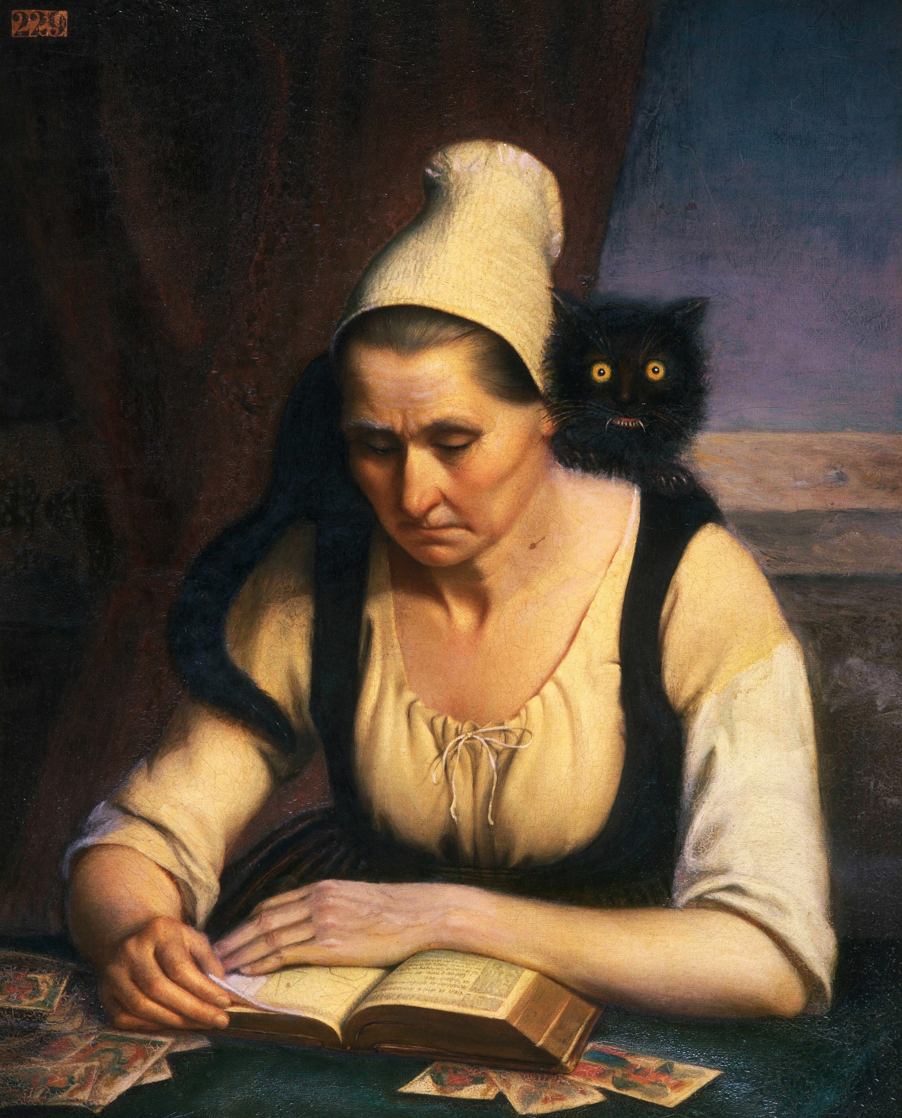 A fortune teller reading a book with a yellow-eyed black cat across her shoulders.
