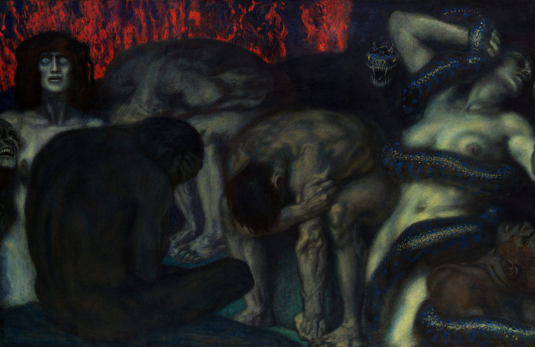 Inferno by Franz von Stuck, with contorted figures, red flames and a blue serpent.