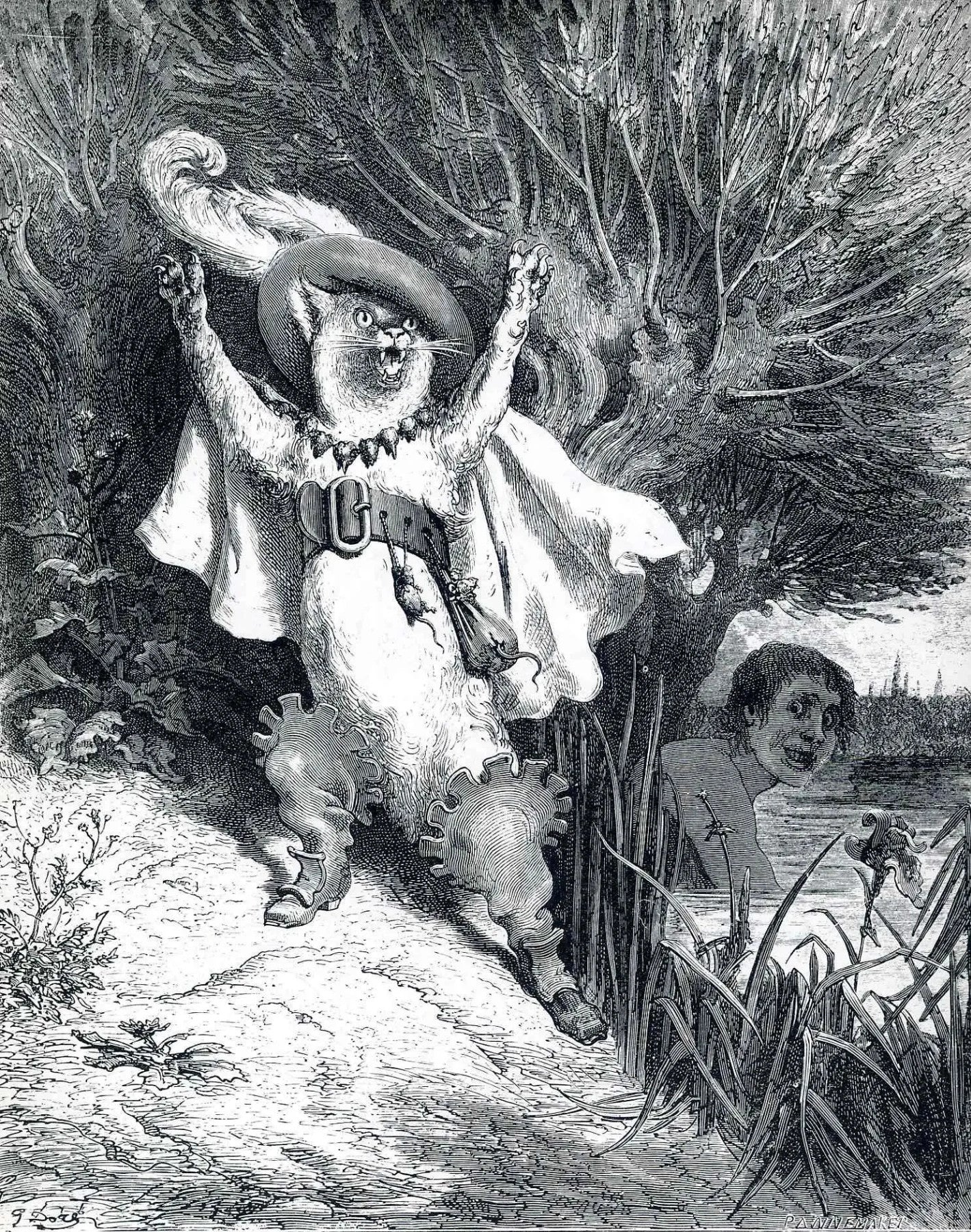 Doré’s costumed Puss in Boots gesturing beside a tree.
