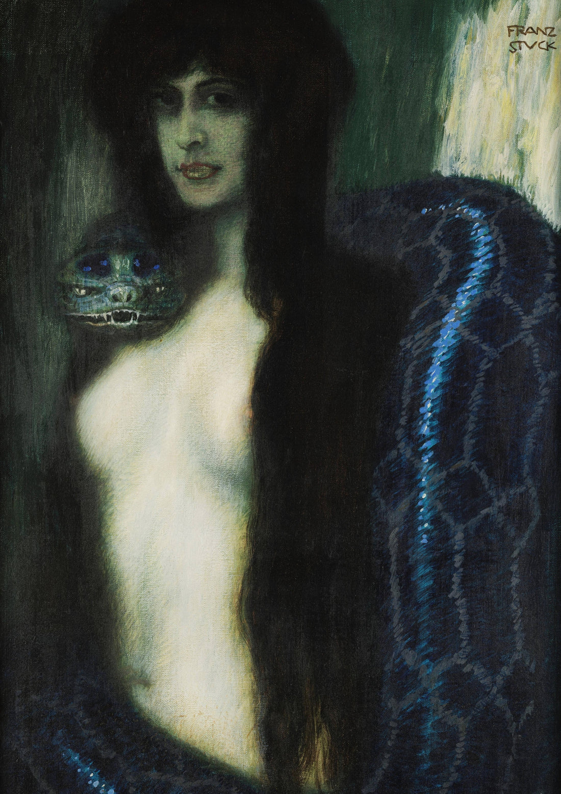 A woman and a large blue-patterned serpent emerging from shadow in The Sin by Franz von Stuck.