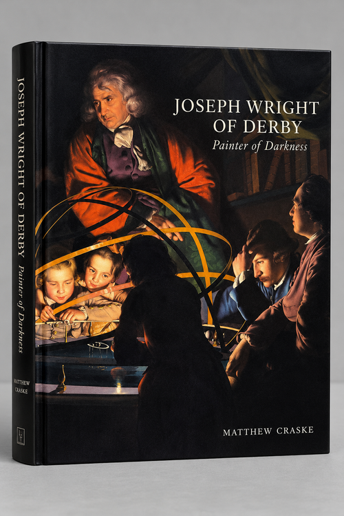 Front cover with a candlelit group studying a scientific instrument — Joseph Wright of Derby: Painter of Darkness.