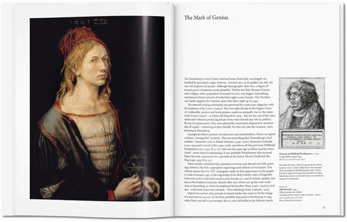 Interior spread with a female portrait and a monochrome face study — Dürer.