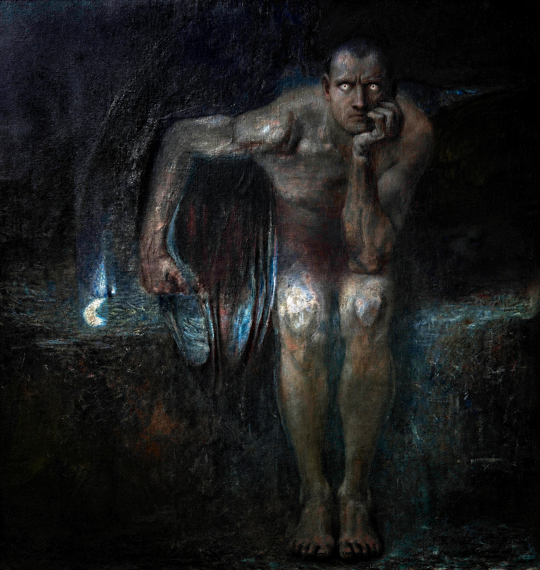 Lucifer by Franz von Stuck, seated in darkness with his chin resting on one hand and eyes fixed on the viewer.