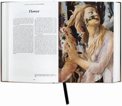 Interior spread on flowers, with a painted female figure and floral detail — The Book of Symbols: Reflections on Archetypal Images.