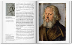 Interior spread pairing commentary with a bearded male portrait — Dürer.