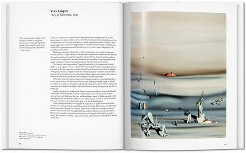 Interior spread with a pale, dreamlike landscape and small figures — Surrealism.