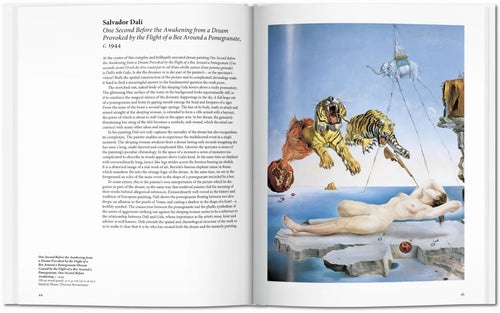 Interior spread with a dreamlike figure and suspended forms — Surrealism.