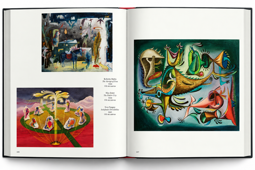 Interior spread of colourful Surrealist artworks and commentary — Surrealism: First and Always.