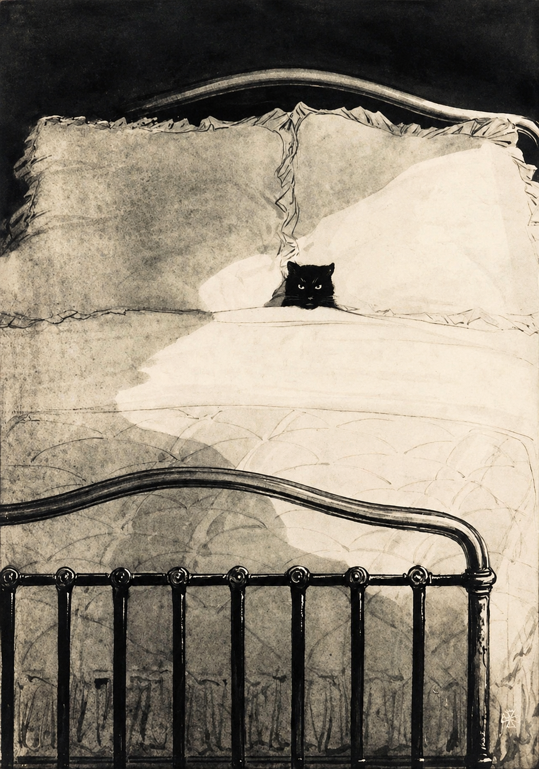 A small black cat peering out from pale bedcovers.