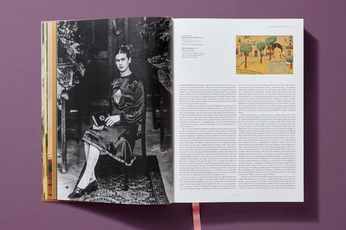 Interior spread with a black-and-white portrait photograph and colour artwork — Frida Kahlo.