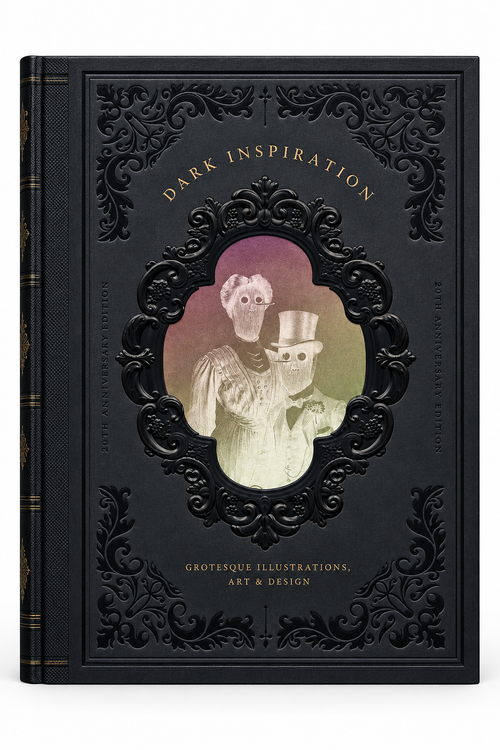Dark front cover with an ornate, cameo-like grotesque illustration — Dark Inspiration: 20th Anniversary Edition - Grotesque Illustrations, Art & Design.