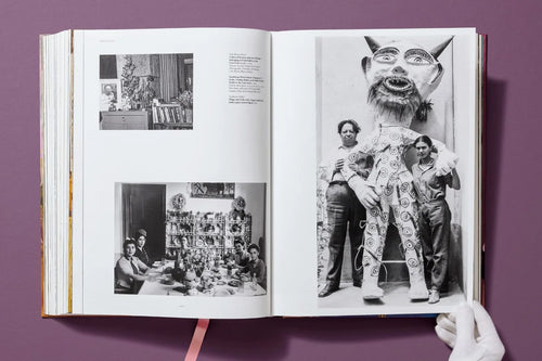 Interior spread with black-and-white photographs and a figure in an elaborate dress — Frida Kahlo.