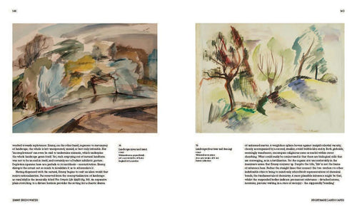 Interior spread pairing two paintings of expressive organic forms — Surrealism of Angst: Emmy Bridgwater.
