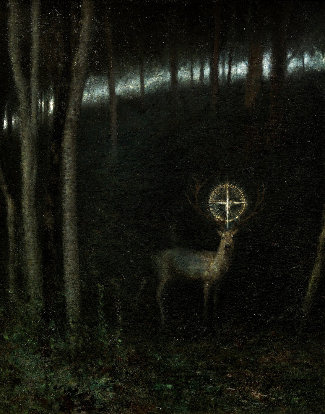 A stag in a dark forest with a luminous cross between its antlers, by Franz von Stuck.