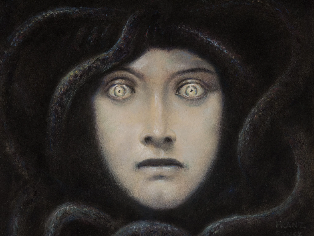 Medusa’s pale face and wide eyes surrounded by dark snakes, by Franz von Stuck.