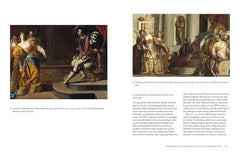 Interior spread of Baroque narrative paintings with commentary — Artemisia Gentileschi.